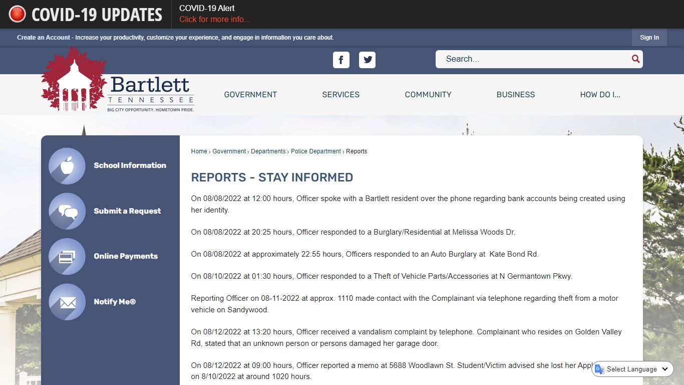 Reports - Stay Informed | Bartlett, TN - Official Website